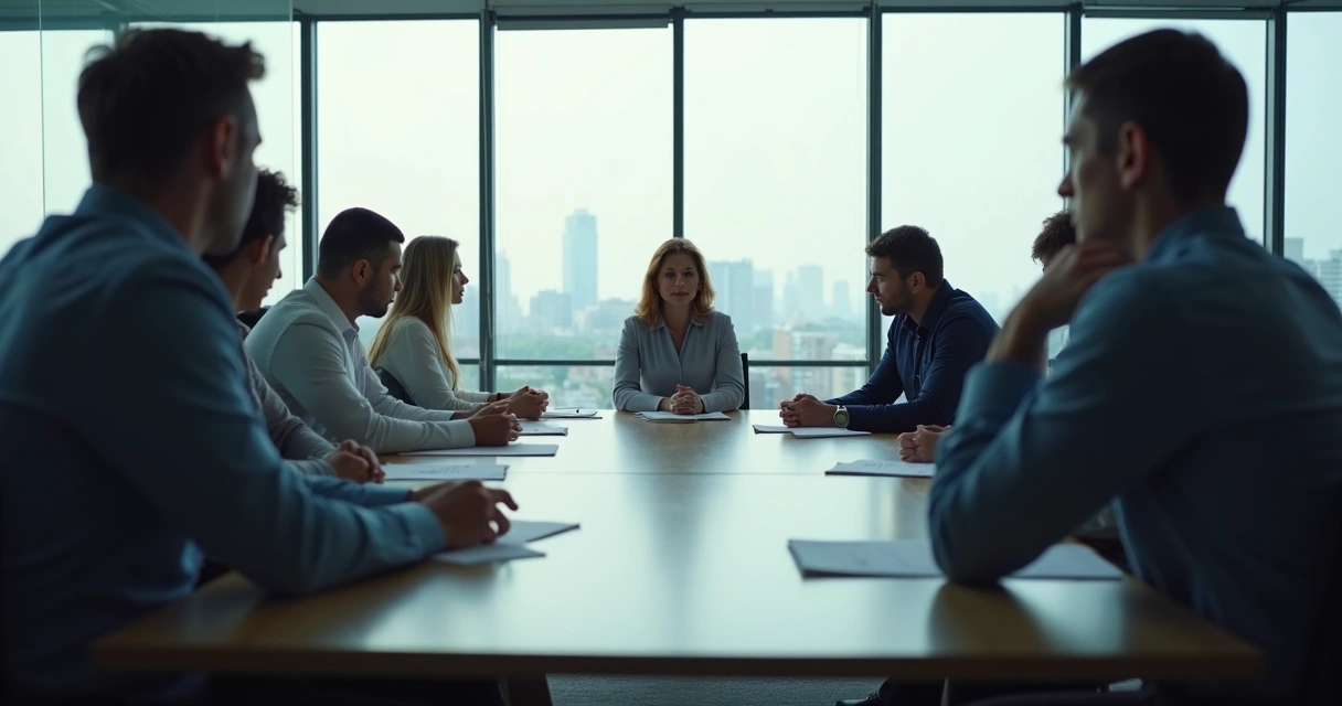 People in office with tense body language seated around a table