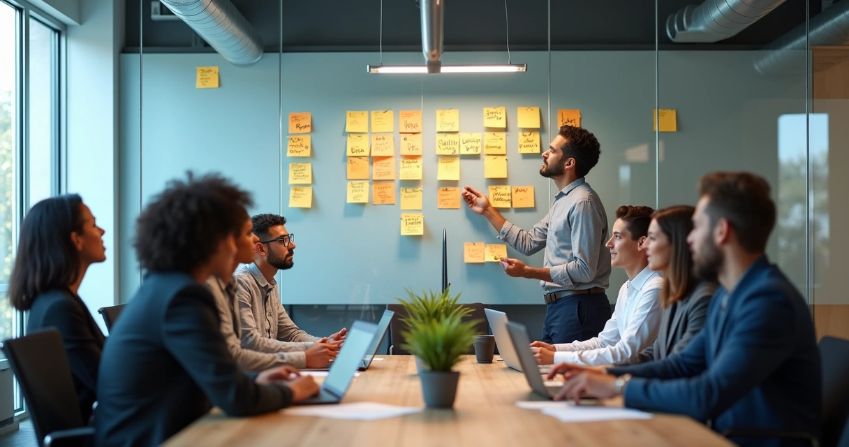 Team members gathered around a table, sticky notes with handwritten unspoken rules visible 