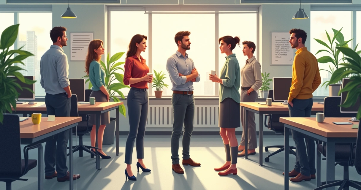 Subtle office social dynamics in a modern workspace