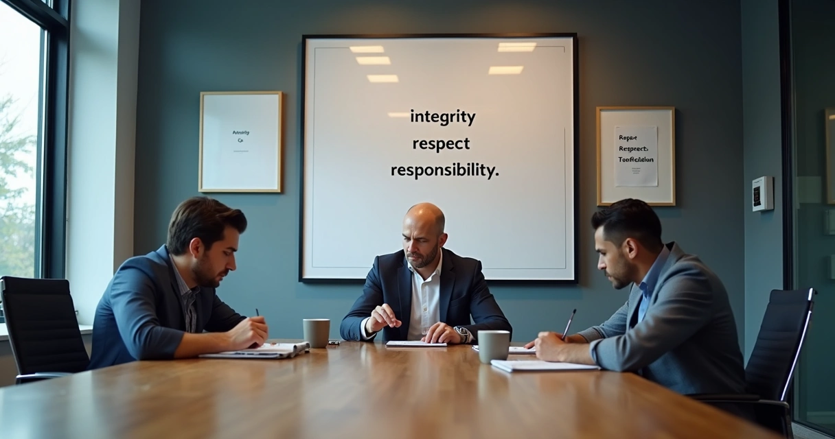 Office wall with value words beside a tense team meeting 