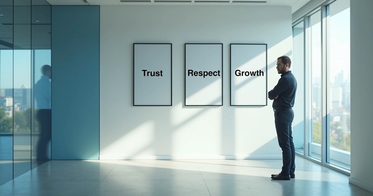 Office wall with values beside reflective glass