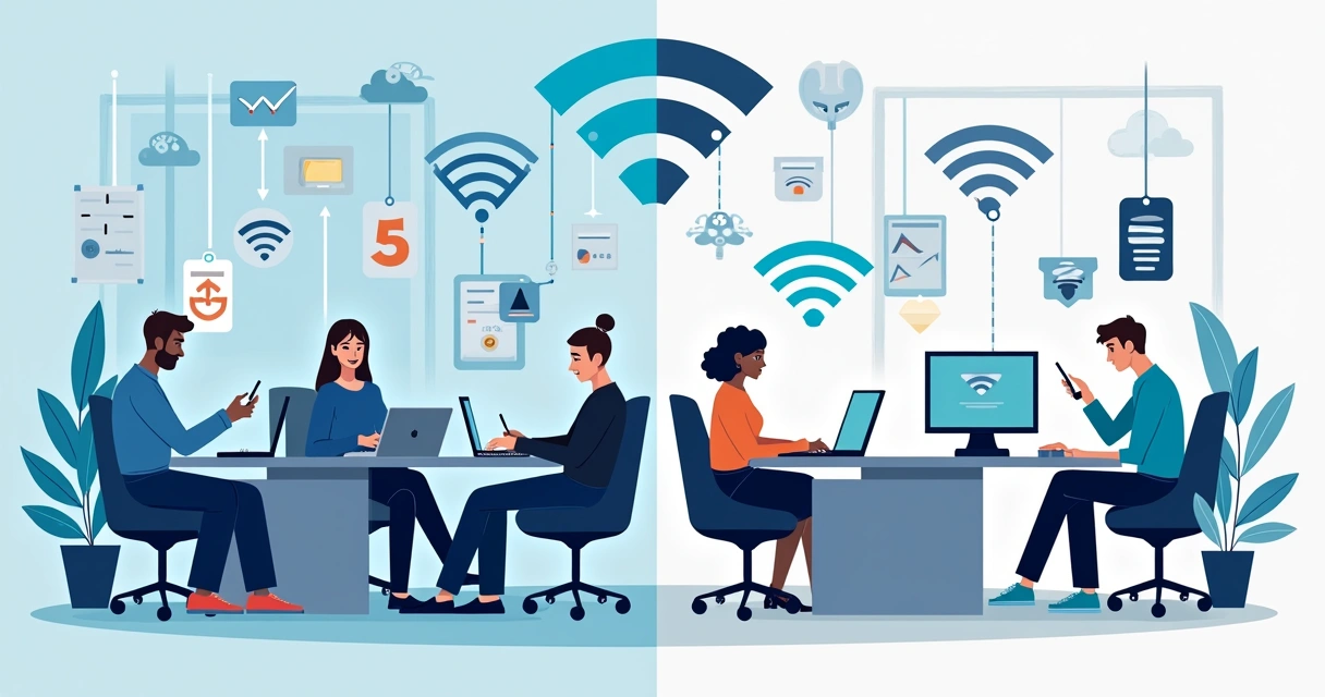 Office environment split between Wi-Fi 5 and Wi-Fi 6 sections