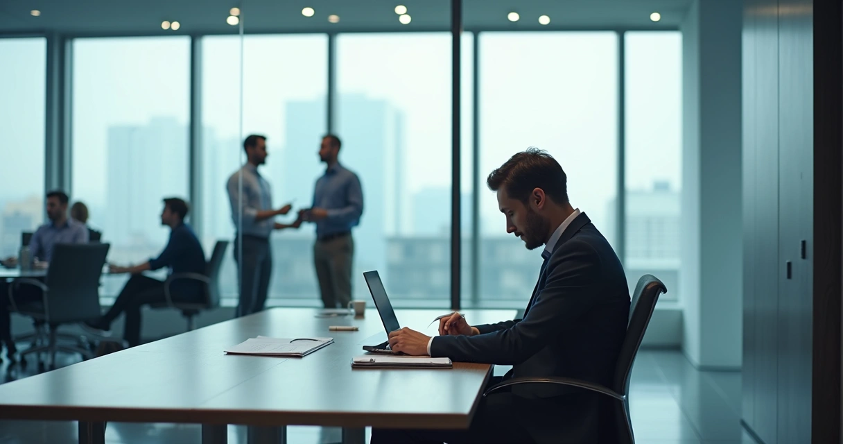Office worker sitting alone with laptop in a glass meeting room