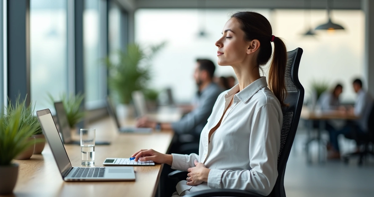 Office worker pausing for mindful breathing at a modern desk 