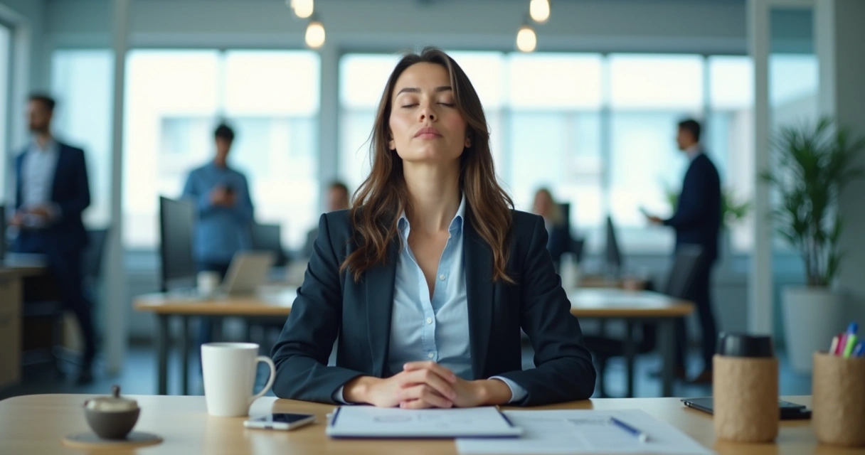 Office worker practices mindfulness at desk