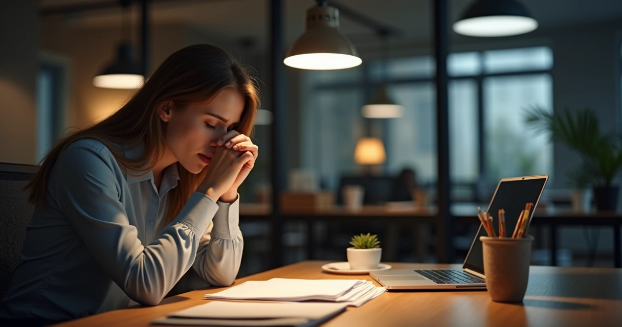 Office worker sitting alone and reflecting in a quiet workspace 
