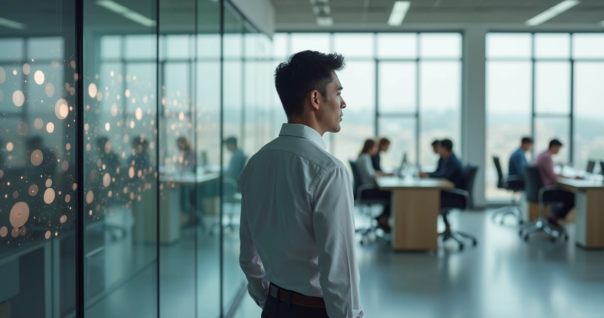 Professional in modern office seeing reflective shadow pattern on glass wall 