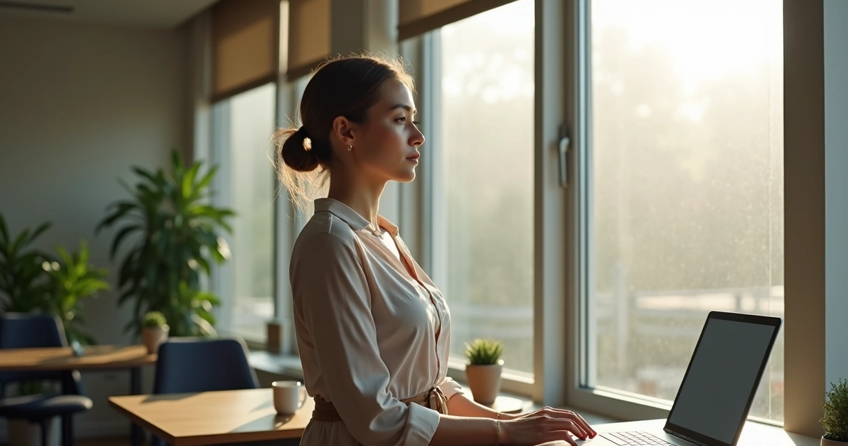 Professional woman standing by a window, looking outside during a work break 