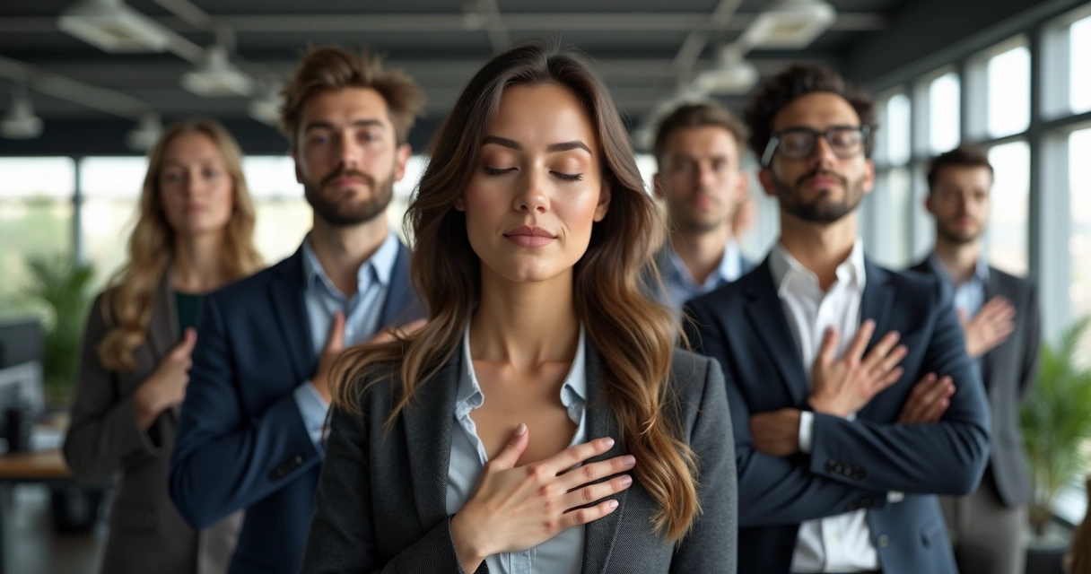 Group of office workers standing, eyes closed, practicing grounding exercise together 