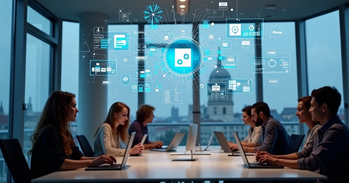 Modern office setting with people interacting with software dashboards 