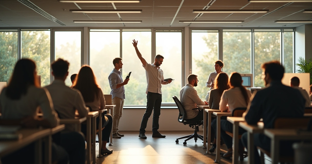 People in an office taking short breaks, some stretching, others looking away from the computer