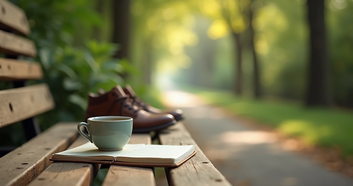 Notebook, tea cup, and walking shoes placed beside a bench in a park 