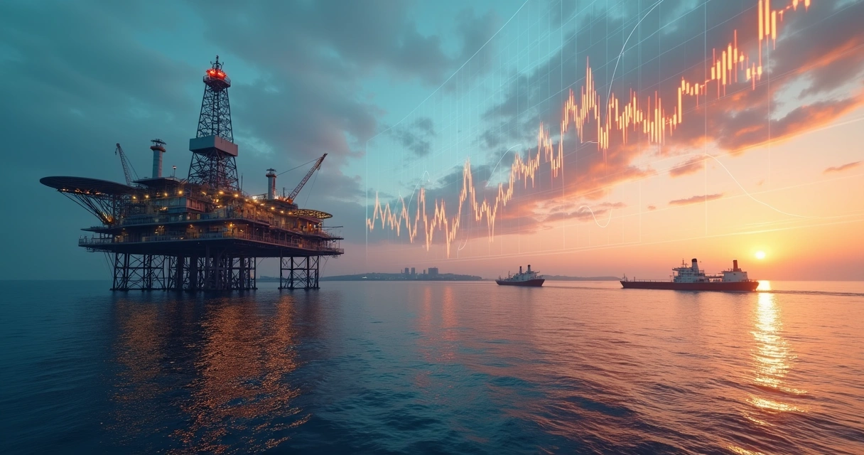 Offshore oil platform at sunrise facing cargo tankers and a global market graph in the sky 