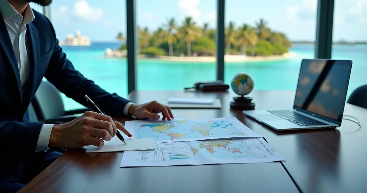 Mesa com documentos fiscais e ilha ao fundo simbolizando empresa offshore 