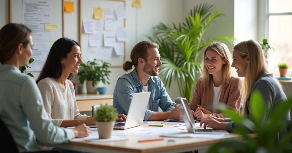 Varios trabajadores en oficina con ambiente armónico 