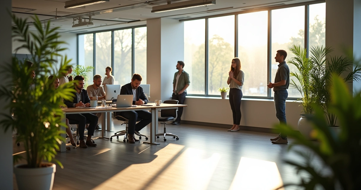 Ambiente de oficina equilibrado con espacios verdes y empleados interactuando 
