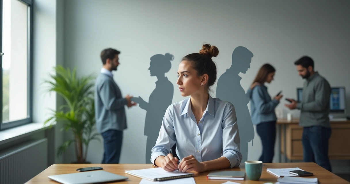 Trabajadora en oficina dividida por sombras proyectadas en la pared 