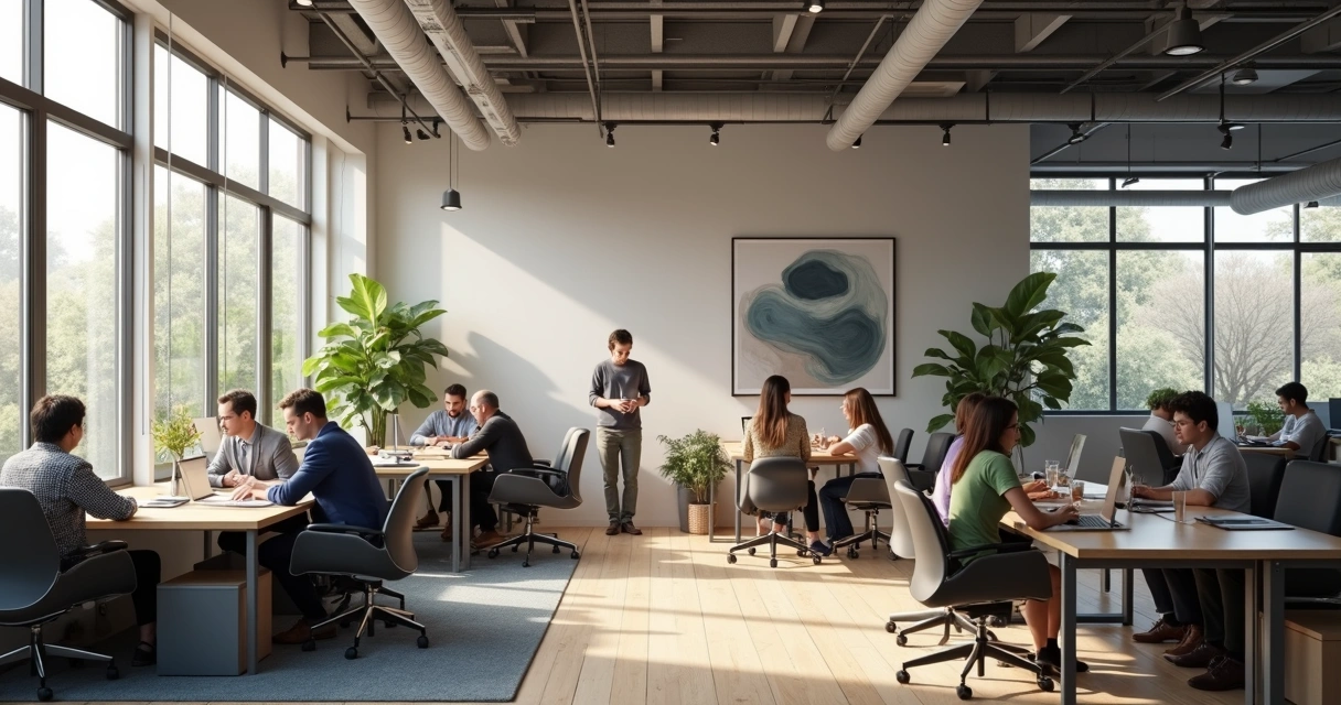 Oficina moderna con personas trabajando en armonía y salud emocional 