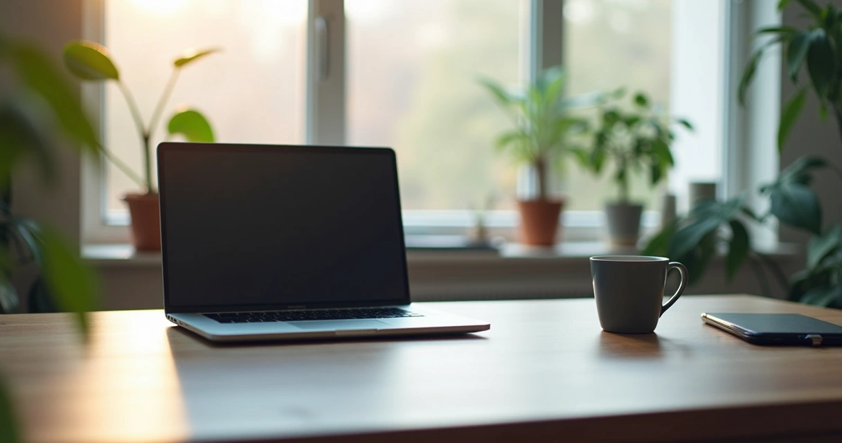 Mesa de oficina ordenada con portátil, planta pequeña y luz suave desde ventana 