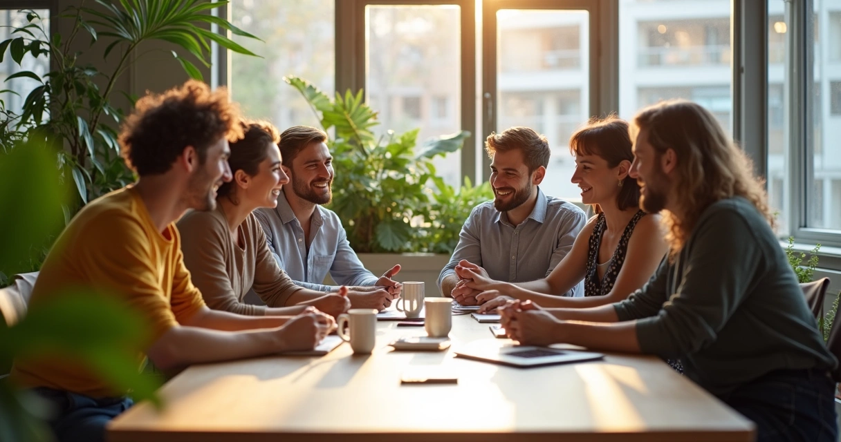 Equipo reunido en oficina mostrando armonía