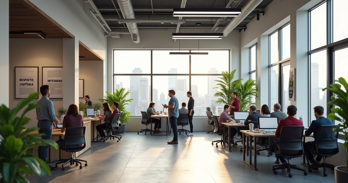 Ambiente de oficina moderno y armonioso con empleados sonriendo 