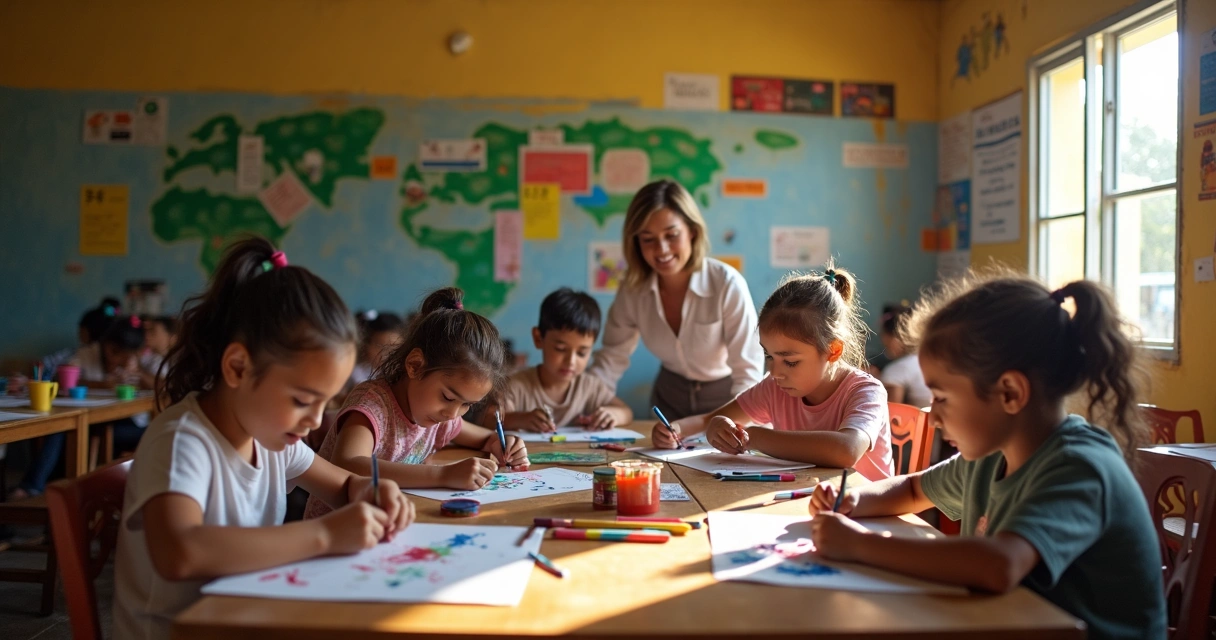 Crianças e jovens participam de oficina de artes em bairro simples.