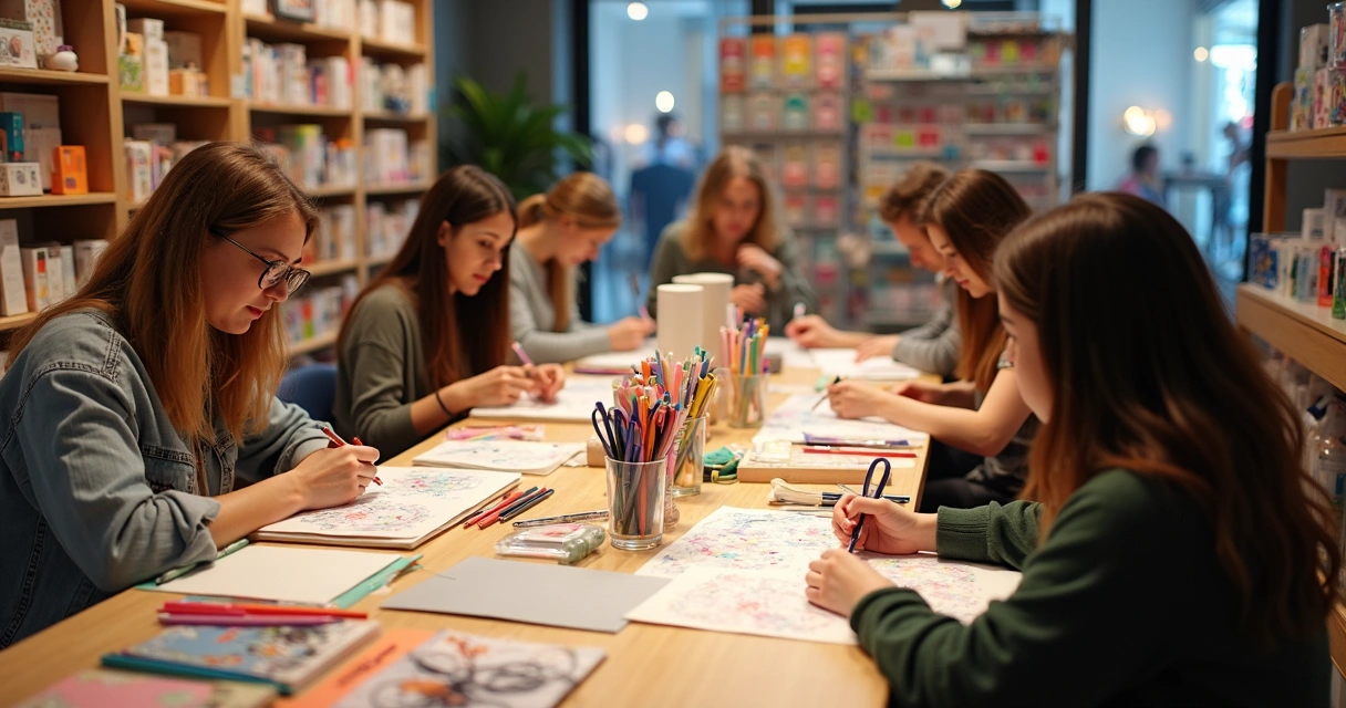 Mesa de papelaria com clientes em oficina de artesanato 