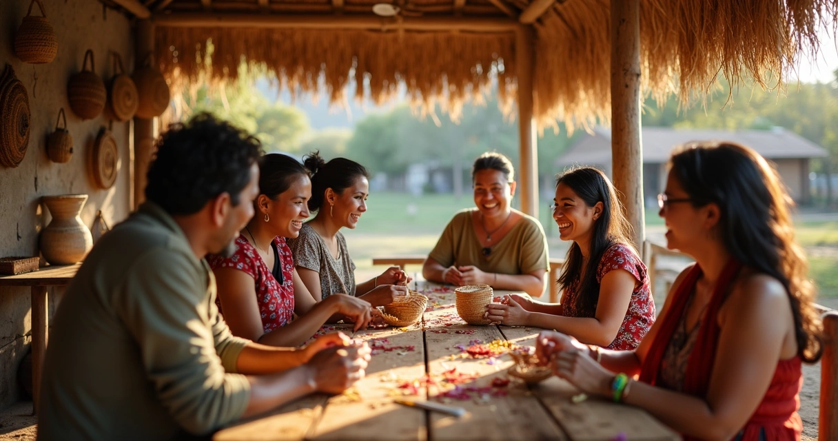 Turistas participando de oficina de artesanato local com moradores 