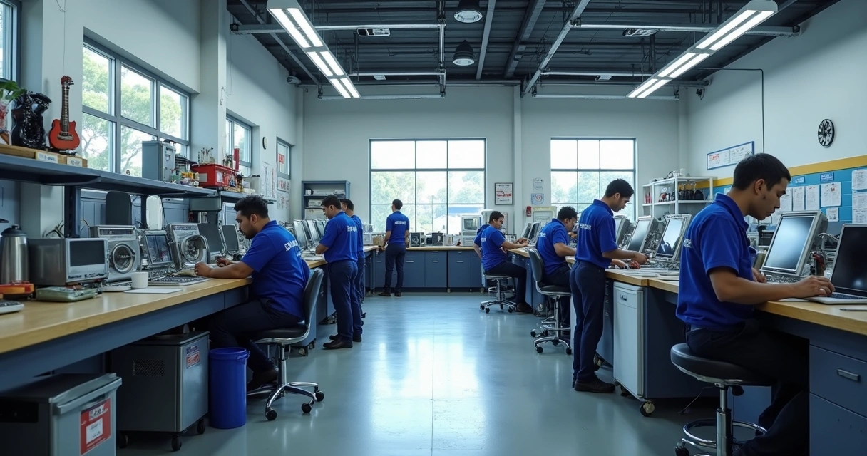 Oficina organizada da MaqLav com técnicos trabalhando 