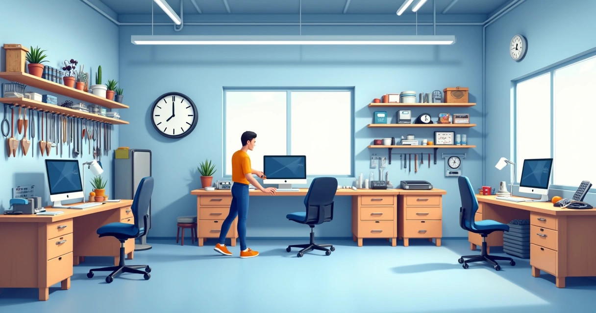 Bancada moderna de assistência técnica com ferramentas e equipamentos organizados. 
