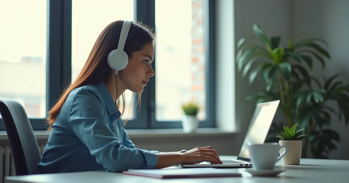 Persona con auriculares trabajando frente a un portátil en una oficina tranquila 