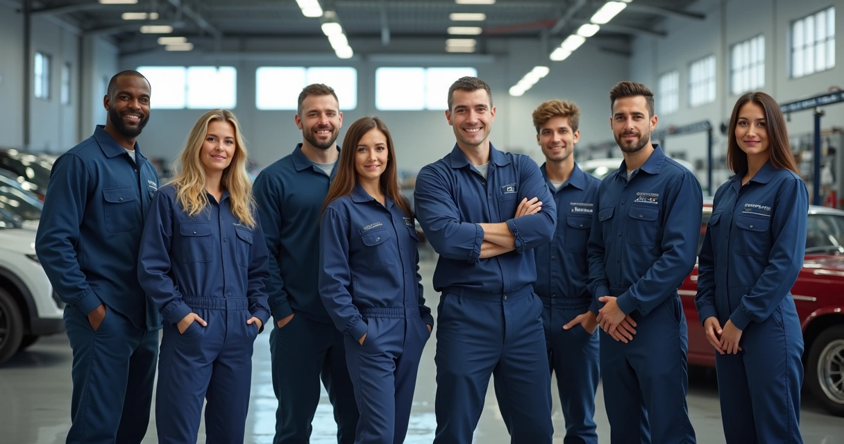 Equipe de mecânicos em oficina automotiva moderna e limpa
