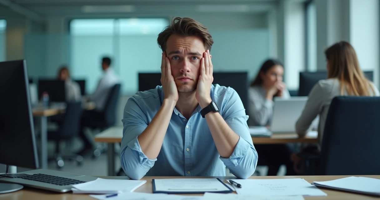 Persona sentada en escritorio de oficina con expresión de duda, rodeada de papeles y computadora 