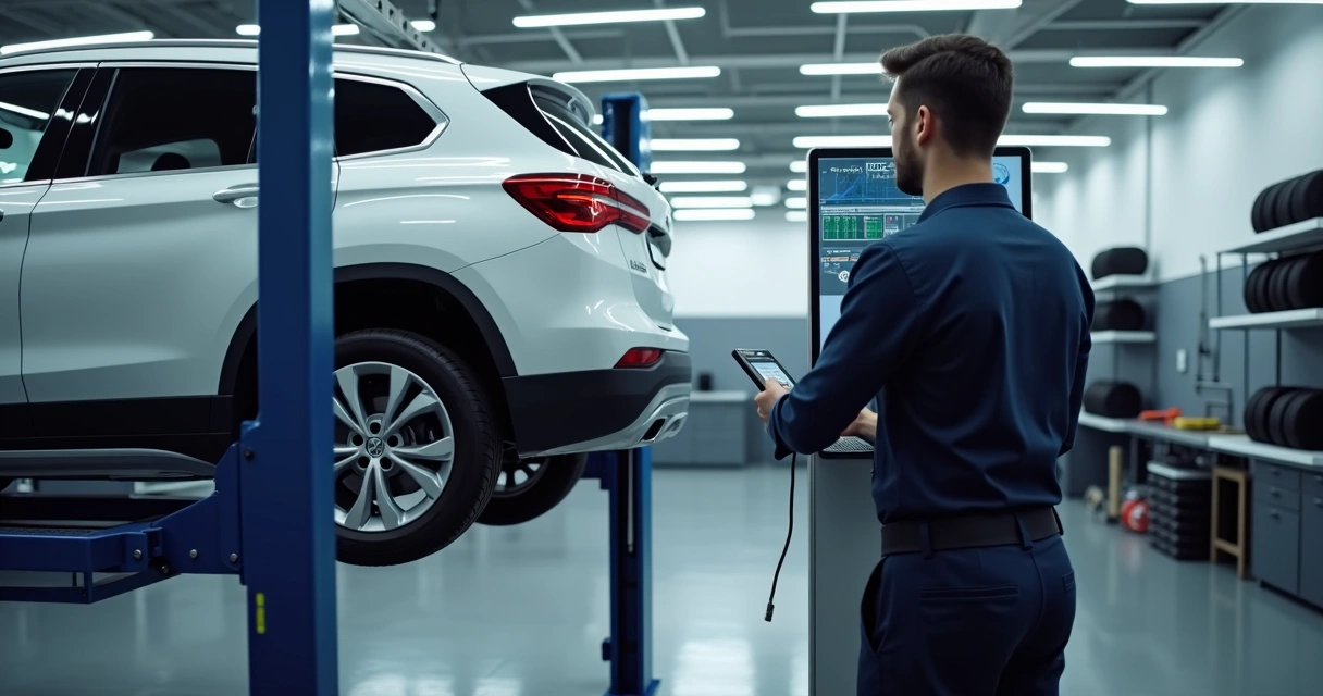 Equipamento moderno de balanceamento de pneus em uma oficina automotiva 