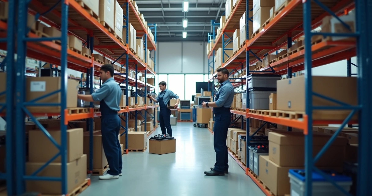 Equipe organizando estoque de baterias automotivas em oficina moderna 