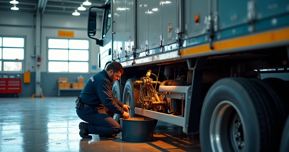 Caminhão em oficina com mecânico realizando troca de óleo. 