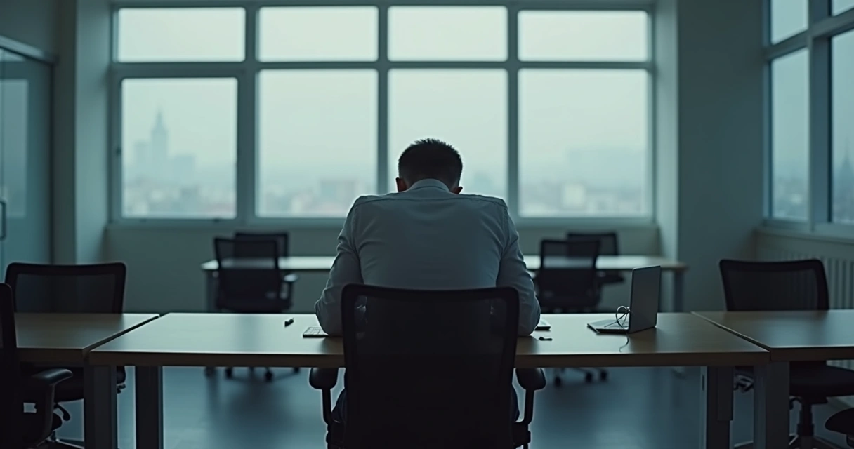 Empleado sentado solo con expresión de agotamiento emocional