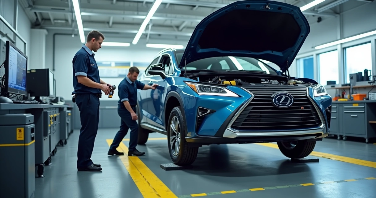 Oficina técnica com carro híbrido em manutenção 