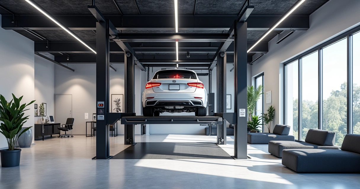 Carro em revisão numa oficina automotiva moderna em Belo Horizonte