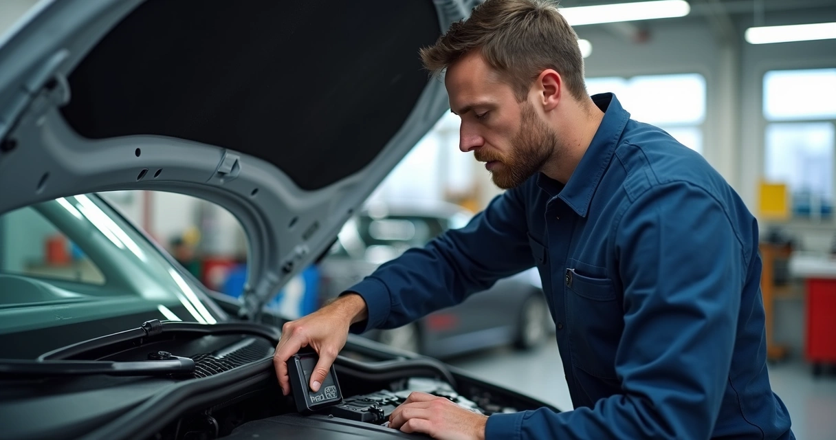 Mecânico examinando bateria em carro com sistema Start-Stop. 