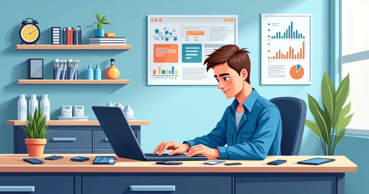 Técnico de assistência técnica digitando em sistema com bancada e peças de celular 