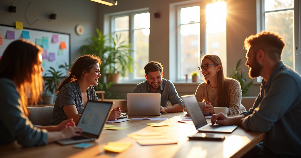 Oficina moderna con empleados colaborando alrededor de una mesa 