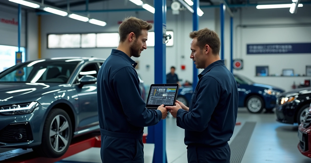 Mecânicos realizando diagnóstico computadorizado em automóvel na oficina