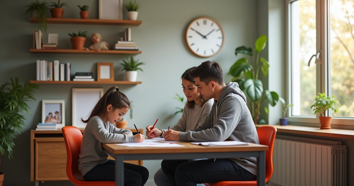 Oficina con personas organizando su horario familiar y laboral 