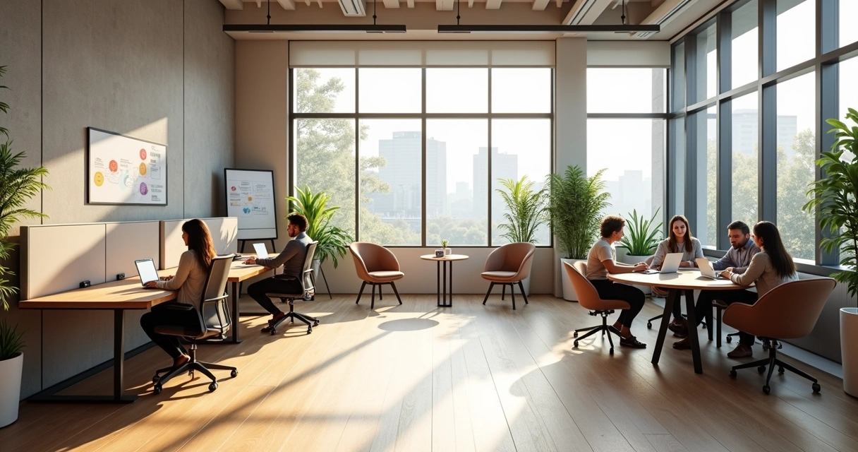 Oficina moderna con zona de concentración y área colaborativa iluminadas por luz natural 