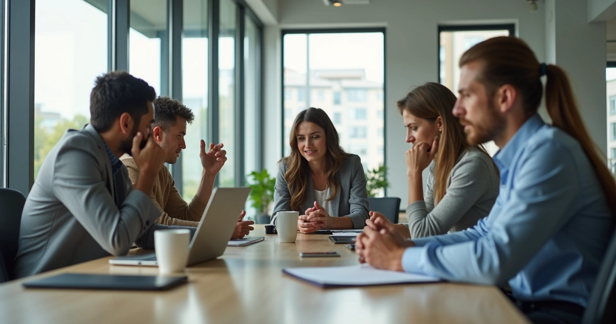 Personas en una oficina, algunas con expresiones tensas y otras tratando de escuchar, iluminación natural suave 