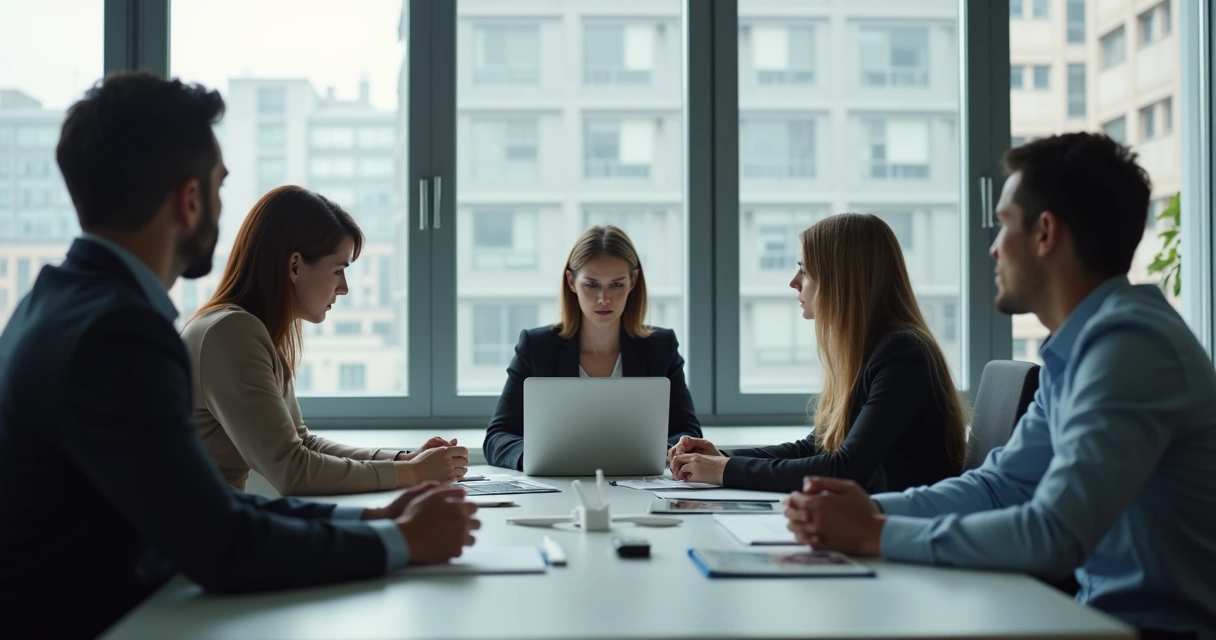 Grupo de empleados en una oficina mirando tensos a una compañera 