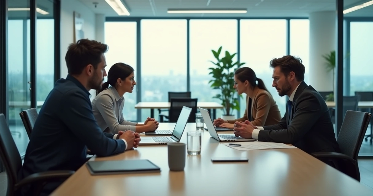 Equipo de trabajo en oficina con tensión y conflicto visible entre colegas 