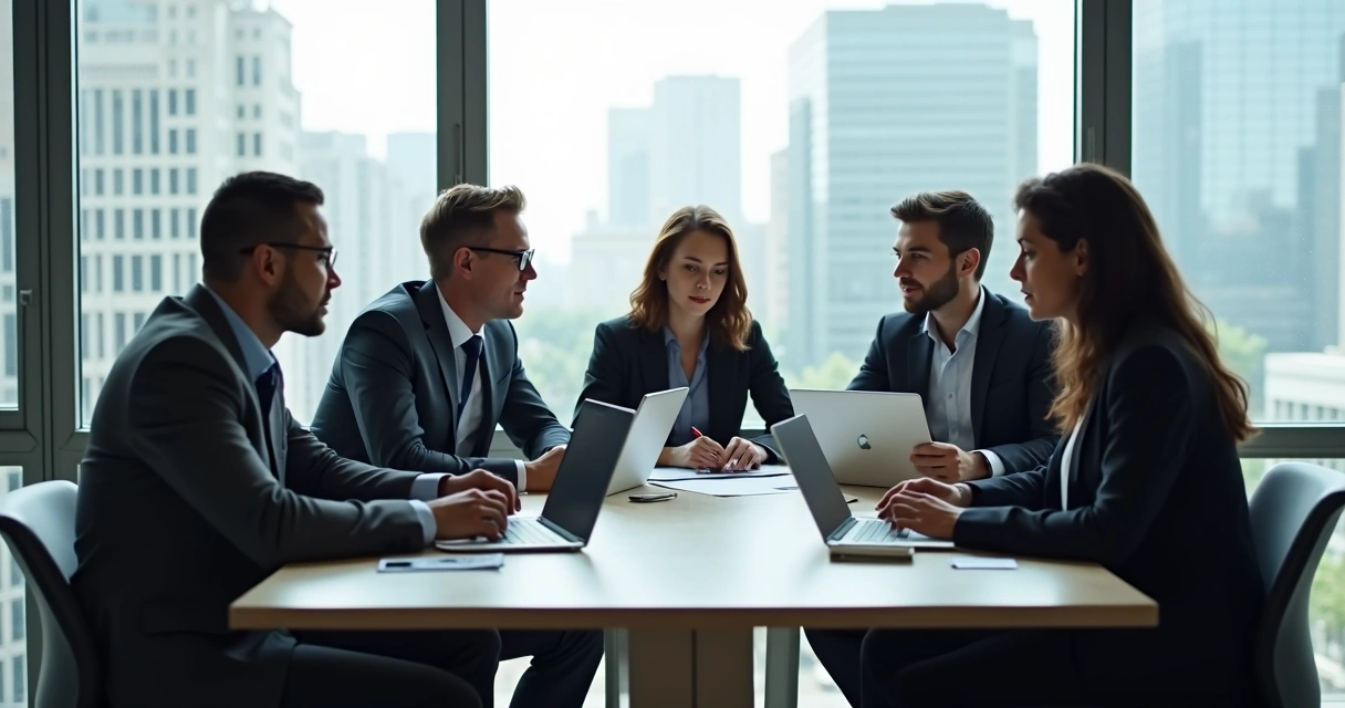 Grupo de profesionales reunidos en una oficina moderna debatiendo un dilema ético