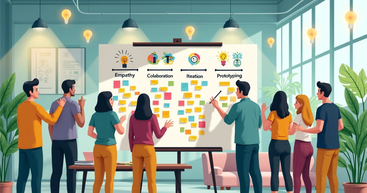 Ilustração de uma oficina de design thinking com equipes colaborando em um ambiente moderno e colorido.